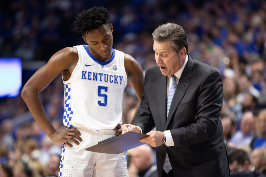 Freshman guard Immanuel Quickley being coached by Kentucky head coach John Calipari during a free throw. University of Kentucky men's basketball team defeated University of South Carolina 76-48 at Rupp Arena on Tuesday, February 5, 2019, in Lexington, Kentucky. Photo by Michael Clubb | Staff