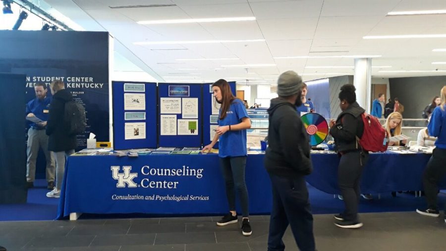 University of Kentucky Counseling Center personnel work a booth in the Gatton Student Center on Wednesday, Feb. 13, 2019, in Lexington Kentucky. Photo by Sarah Ladd | Staff