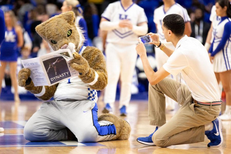Kentuckys+mascot+reads+a+Kentucky+Kernel+newspaper+during+South+Carolinas+introductions.+University+of+Kentucky+mens+basketball+team+defeated+University+of+South+Carolina+76-48+at+Rupp+Arena+on+Tuesday%2C+February+5%2C+2019%2C+in+Lexington%2C+Kentucky.+Photo+by+Michael+Clubb+%7C+Staff