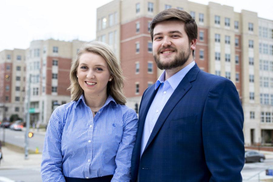President and vice presidents candidates Michael Hamilton and Kat Speece pose for a photo on Feb. 19, 2019, on UK’s campus in Lexington, Kentucky. Photo by Rick Childerss | Staff