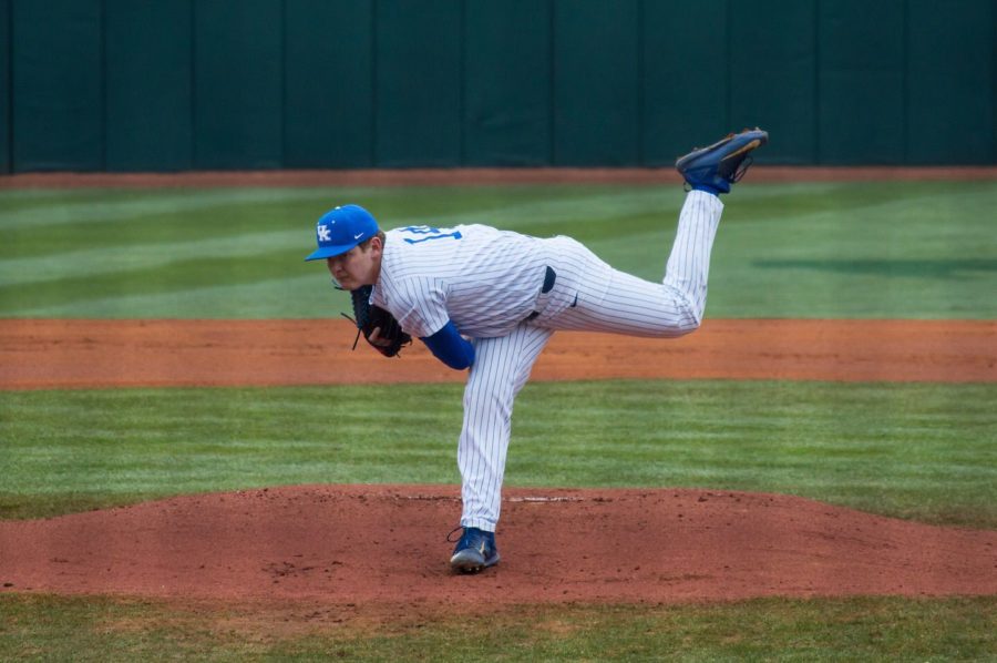 Sophomore pitcher Zack Thompson pitches in UK's game on March 10, 2018 in Lexington, Ky. UK won 11-6. Photo by Edward Justice | Staff