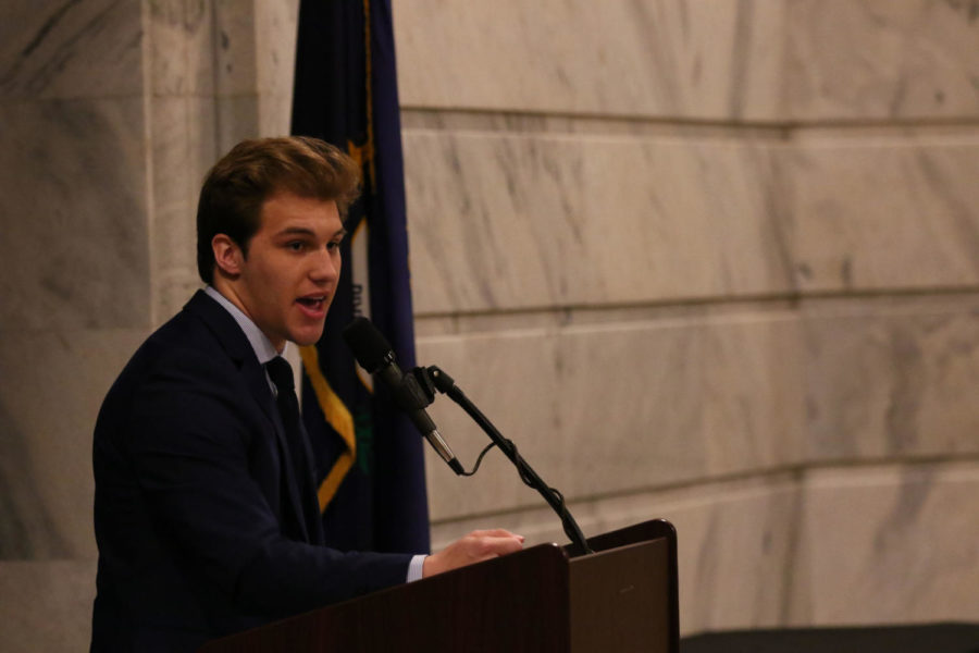 Jansen Hammock, a UK political science freshman, gives a speech at the Rally for Higher Education in the Capitol Rotunda in Frankfort, Ky., on Tuesday, February 12, 2019. 