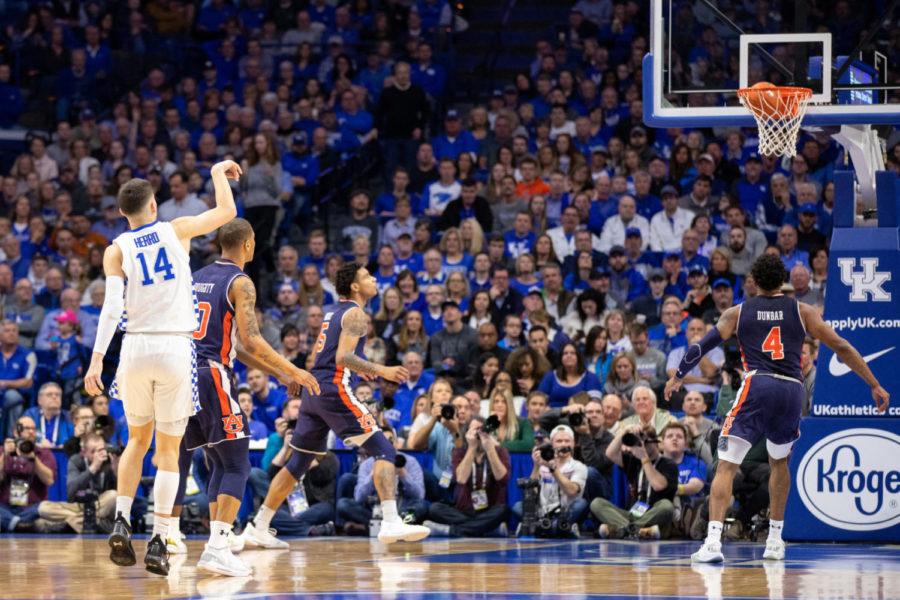Freshman+guard+Tyler+Herro+watches+as+his+shot+goes+into+the+basket.+UK+mens+basketball+team+played+against+Auburn+at+Rupp+Arena+on+Saturday%2C+Feb.+23%2C+2019+in+Lexington%2C+Kentucky.+Photo+by+Michael+Clubb+%7C+Staff