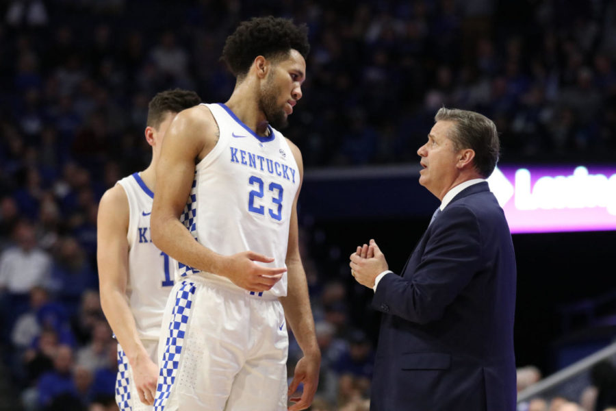 Kentucky head coach John Calipari and Kentucky freshman forward EJ Montgomery talk during the game against Texas A&M on Tuesday, January 8, 2019 in Lexington, Ky. Kentucky won 84-75. Photo by Chase Phillips | Staff