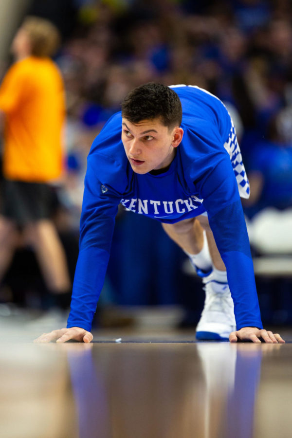Kentucky freshman guard Tyler Herro stretches prior to the game against Tennessee on Saturday, Feb. 16, 2019, at Rupp Arena in Lexington, Kentucky. Kentucky defeated Tennessee 86-69. Photo by Jordan Prather | Staff