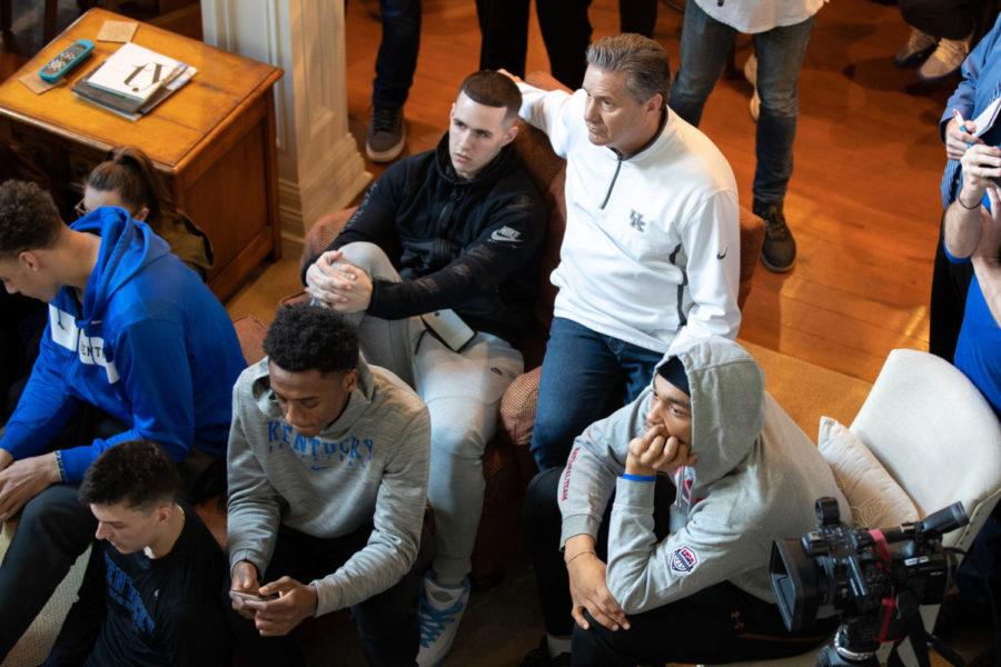 Kentucky head coach John Calipari and the basketball team watches the selection show. The UK mens basketball team watched the NCAA Selection Show at John Caliparis house on Sunday, March 17, 2019, in Lexington, Kentucky. UK is a No. 2 seed in the Midwest Region and will play No. 15 seed Abliene Christian in Jacksonville, Florida, on Thursday. Photo by Michael Clubb | Staff
