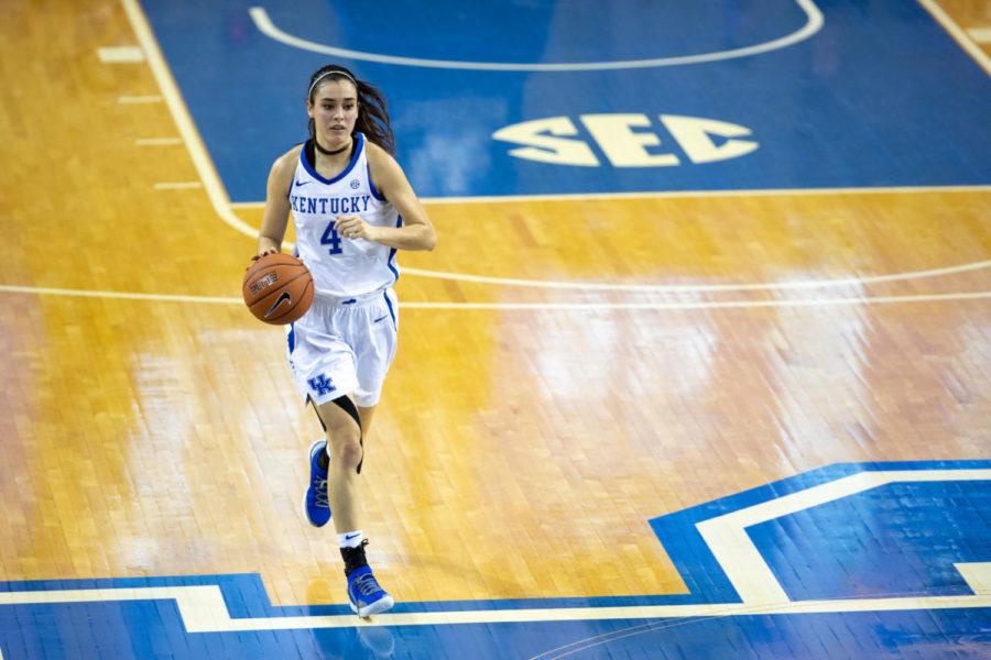 Senior guard Maci Morris dribbles the ball down the court. No. 11 UK womens basketball team lost to No. 19 Texas A&M 62-55 at Memorial Coliseum on Thursday, Feb. 28, 2019, in Lexington, Kentucky. Photo by Michael Clubb | Staff