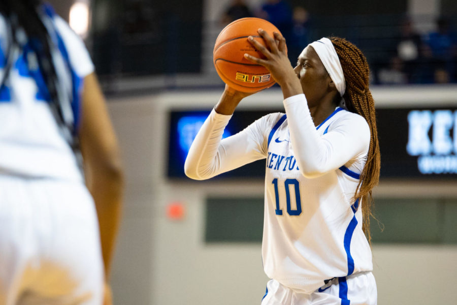 Freshman guard Rhyne Howard lines up a shot during the game against Texas A&M on Thursday, Feb. 28, 2019, at Memorial Coliseum in Lexington, Kentucky. Kentucky lost 62-55. Photo by Jordan Prather | Staff
