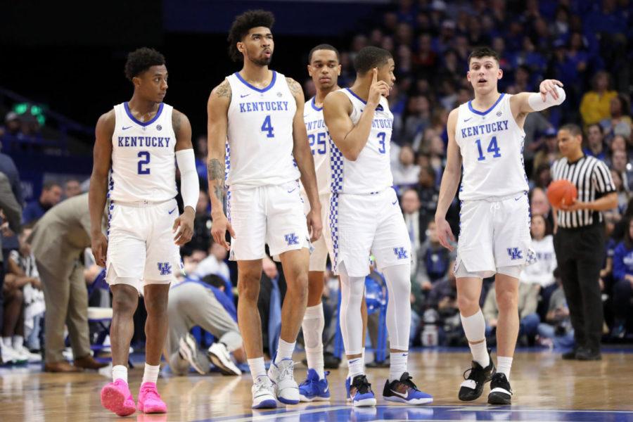 Freshman+guard+Ashton+Hagans%2C+Sophomore+forward+Nick+Richards%2C+Sophomore+forward+PJ+Washington%2C+Freshman+guard+Keldon+Johnson%2C+Freshman+guard+Tyler+Herro+%28left+to+right%29+walk+down+the+court+together.+No.+4+ranked+UK+mens+basketball+team+defeated+Arkansas+70-66+at+Rupp+Arena+on+Tuesday%2C+Feb.+26%2C+2019%2C+in+Lexington%2C+Kentucky.+Photo+by+Michael+Clubb+%7C+Staff