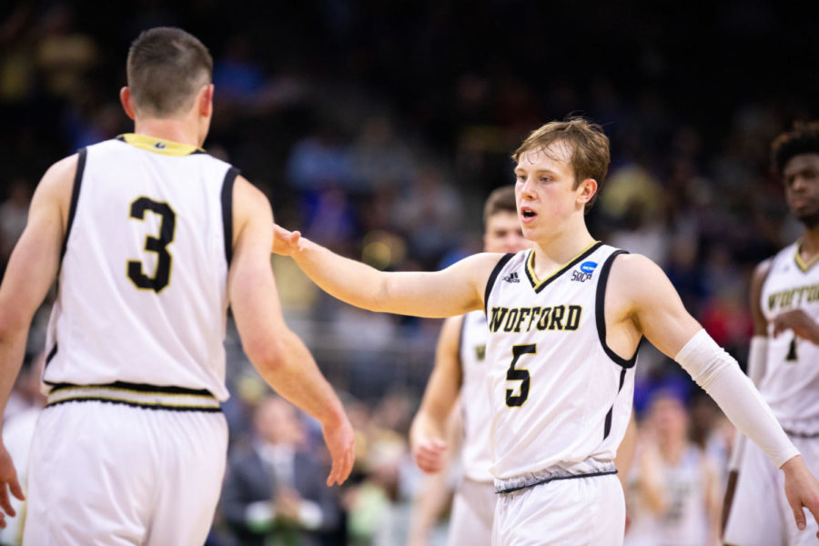 Wofford+sophomore+guard+Storm+Murphy+%285%29+high-fives+senior+guard+Fletcher+Magee+%283%29+during+their+game+against+Seton+Hall+in+the+first+round+of+the+NCAA+tournament+on+Thursday%2C+Mar.+21%2C+2019%2C+at+VyStar+Veterans+Memorial+Arena+in+Jacksonville%2C+Florida.+Kentucky+will+take+on+Wofford+in+the+second+round.+Photo+by+Jordan+Prather+%7C+Staff