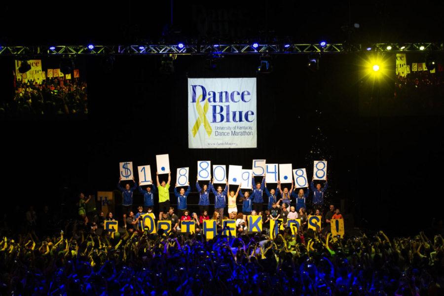 DanceBlue chairs reveal that DanceBlue raised $1,889,954.88 for the kids during DanceBlue at Memorial Coliseum on Sunday, March 3, 2019, in Lexington, Kentucky. Money raised by DanceBlue participants goes towards childhood cancer research. Photo by Arden Barnes | Staff