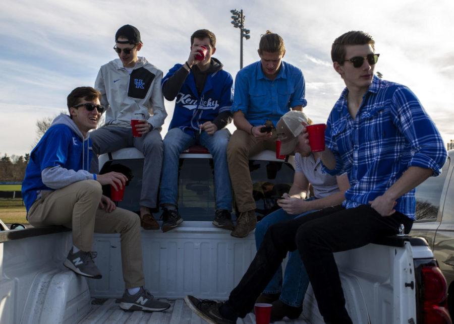 Members of Beta Theta Pi fraternity tailgate outside Kentucky Proud Park for the first Kentucky baseball home game on Tuesday, Feb. 26, 2019, in Lexington, Kentucky. Photo by Arden Barnes | Staff