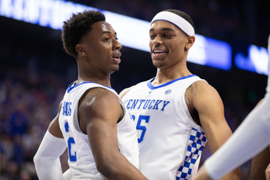 Freshman guard Ashton Hagans and Sophomore forward PJ Washington celebrate after a and one play. UK mens basketball team defeated Florida 66-57 on senior night at Rupp Arena on Saturday, March 9, 2019, in Lexington, Kentucky. Photo by Michael Clubb | Staff