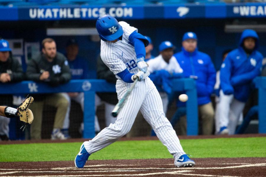 Kentucky senior Ryan Shinn swings at a ball during the game against Canisius College on Friday, Mar. 1, 2019, at Kentucky Proud Park in Lexington, Kentucky. Photo by Jordan Prather | Staff