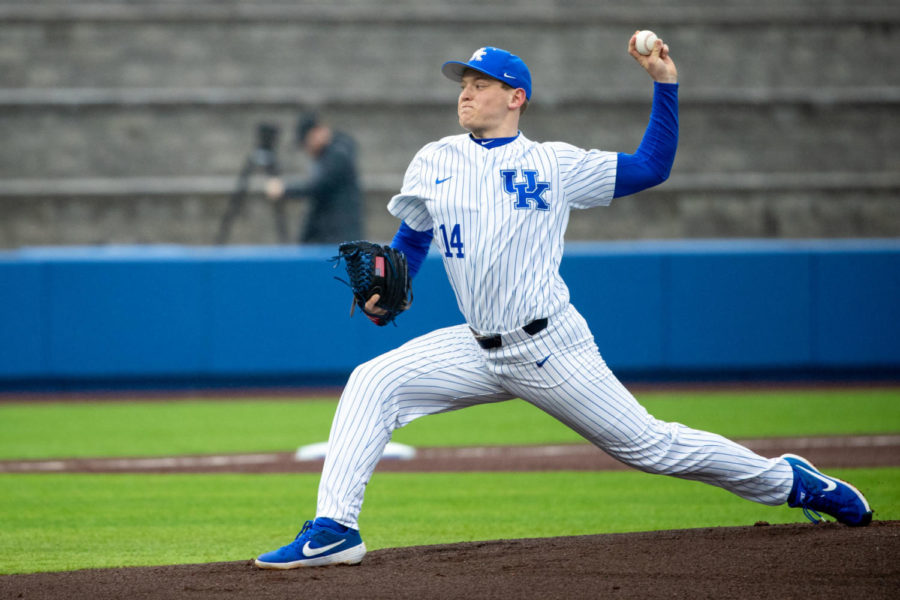 Kentucky junior Zack Thompson pitches during the game against Canisius College on Friday, Mar. 1, 2019, at Kentucky Proud Park in Lexington, Kentucky. Photo by Jordan Prather | Staff