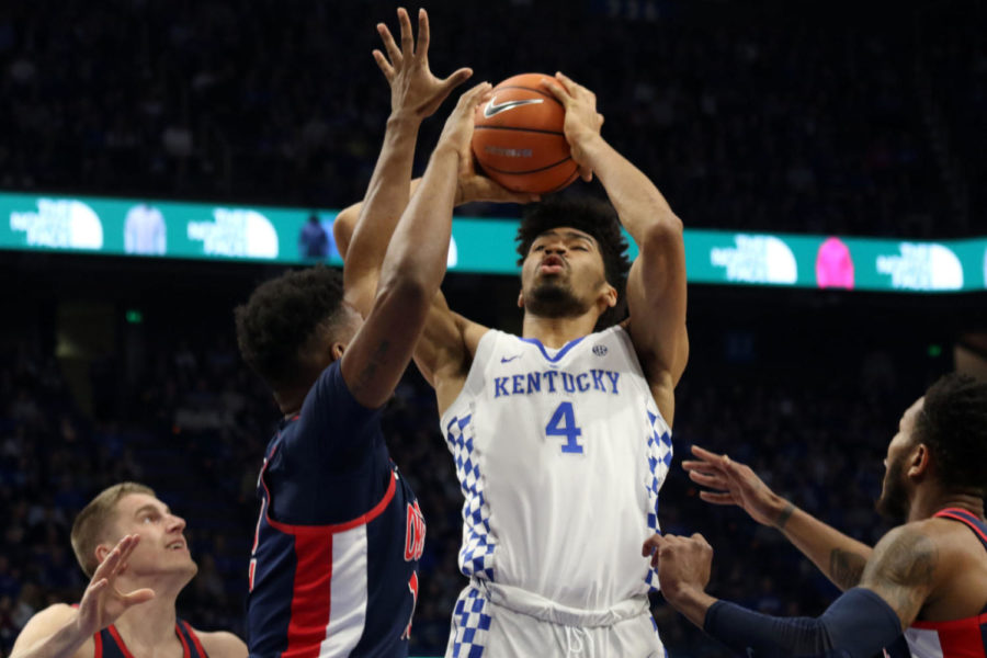 Freshman forward Nick Richards fights through traffic during the game against Ole Miss on Wednesday, February 28, 2018 in Lexington, Ky. Kentucky won the game 96-78. Photo by Hunter Mitchell.