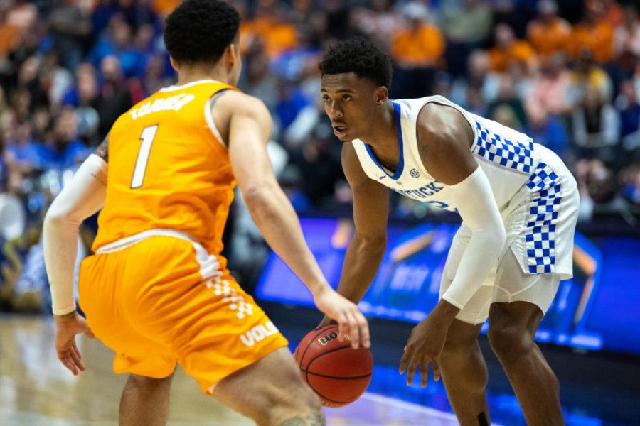 Kentucky freshman guard Ashton Hagans controls the ball on offense during the SEC tournament semifinals game against Tennessee on Saturday, March 16, 2019, at Bridgestone Arena in Nashville, Tennessee. Photo by Jordan Prather | Staff