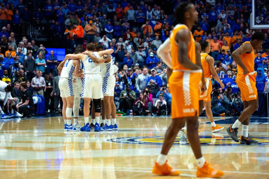 The Kentucky wildcats mens basketball team before tip-off of the SEC tournament semifinals game against Tennessee on Saturday, March 16, 2019, at Bridgestone Arena in Nashville, Tennessee. Kentucky lost 78-82. Photo by Jordan Prather | Staff
