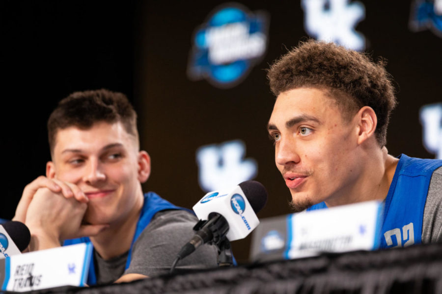 Kentucky graduate student forward Reid Travis talks to the media at a press conference on Saturday, March 30, 2019, at the Sprint Center in Kansas City, Missouri. Kentucky will take on Auburn in the Elite Eight of the NCAA tournament on Sunday, March 31. Photo by Jordan Prather | Staff