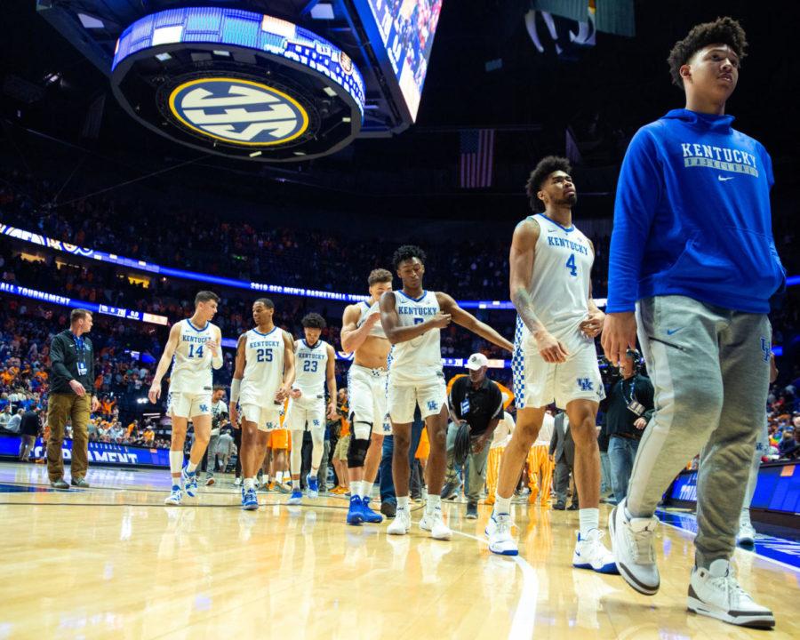 The Kentucky wildcats mens basketball team walks of the court after the SEC tournament semifinals game against Tennessee on Saturday, March 16, 2019, at Bridgestone Arena in Nashville, Tennessee. Kentucky lost 78-82. Photo by Jordan Prather | Staff