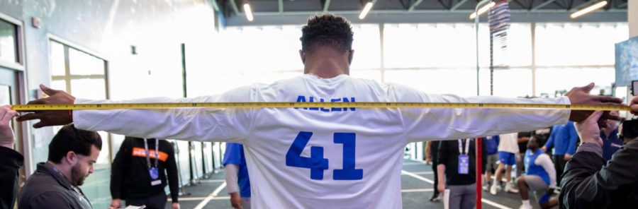 Kentucky+Wildcats+linebacker+Josh+Allen+gets+his+wingspan+measured+at+UK+footballs+Pro+Day+at+the+Nutter+Training+Facility+on+Friday%2C+March+22%2C+2019%2C+in+Lexington%2C+Kentucky.+Photo+by+Michael+Clubb+%7C+Staff