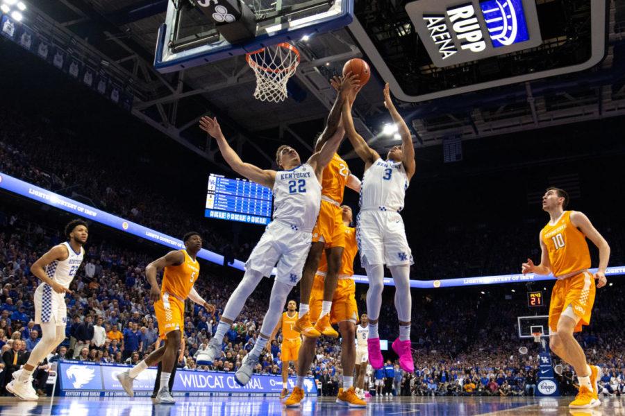 Kentucky and Tennessee players fight for a rebound during the game against Tennessee on Saturday, Feb. 16, 2019, at Rupp Arena in Lexington, Kentucky. Kentucky defeated Tennessee 86-69. Photo by Jordan Prather | Staff
