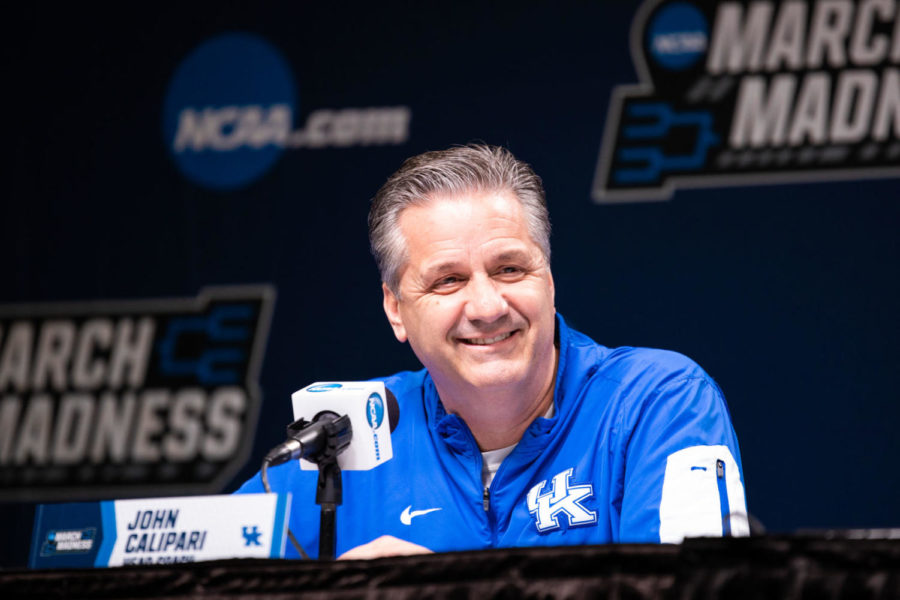 Kentucky head coach John Calipari addresses the media at a press conference on Friday, Mar. 22, 2019, at VyStar Veterans Memorial Arena in Jacksonville, Florida. Kentucky will take on the Wofford Terriers in the second round of the NCAA tournament on Saturday Mar. 23. Photo by Jordan Prather | Staff