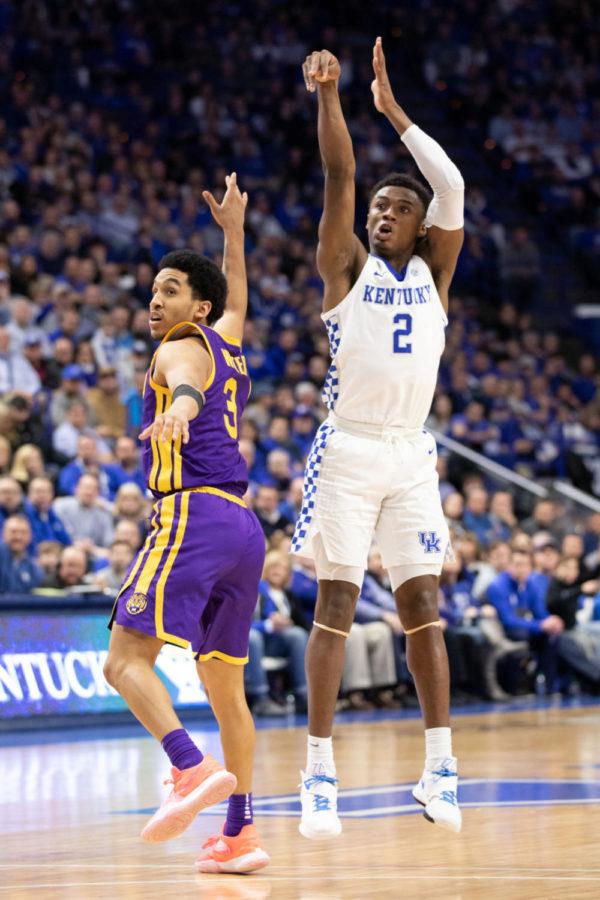 Freshman guard Ashton Hagans attempts a three point shot. UK mens basketball team lost to LSU 73-71 with a last second shot at Rupp Arena on Tuesday, Feb. 12, 2019 in Lexington, Kentucky. Photo by Michael Clubb | Staff
