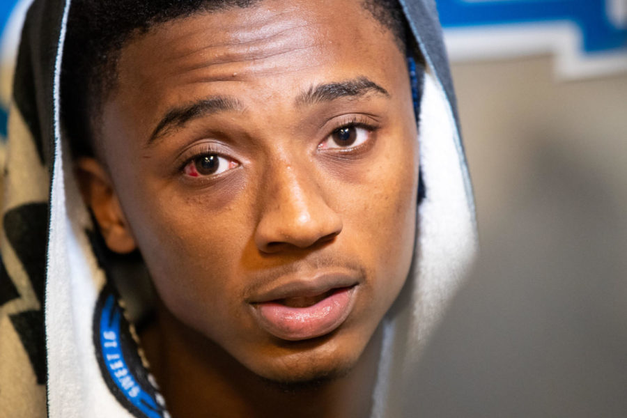 Freshman guard Ashton Hagans sits in the locker room after the game. University of Kentucky mens basketball team lost to Auburn 77-71 in the Elite Eight round of the NCAA Tournament on Sunday, March 31, 2019, at the Sprint Center in Kansas City, Missouri. Photo by Michael Clubb | Staff