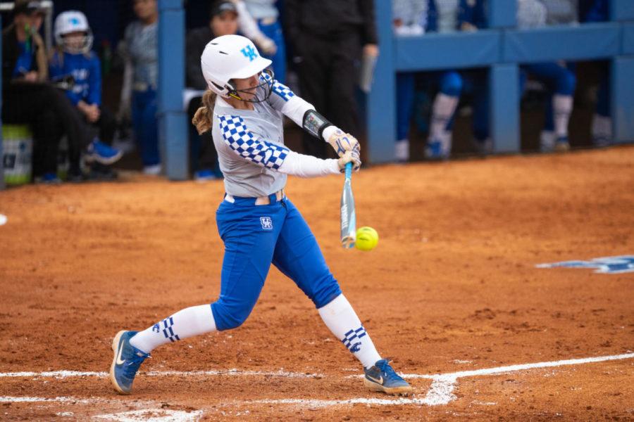 Kentucky+senior+Katie+Reed+hits+the+ball+and+makes+it+to+first+base+during+the+game+against+Miami+University+%28OH%29+on+Tuesday%2C+March+12%2C+2019%2C+at+John+Cropp+Stadium+in+Lexington%2C+Kentucky.+Kentucky+won+9-1.+Photo+by+Jordan+Prather+%7C+Staff