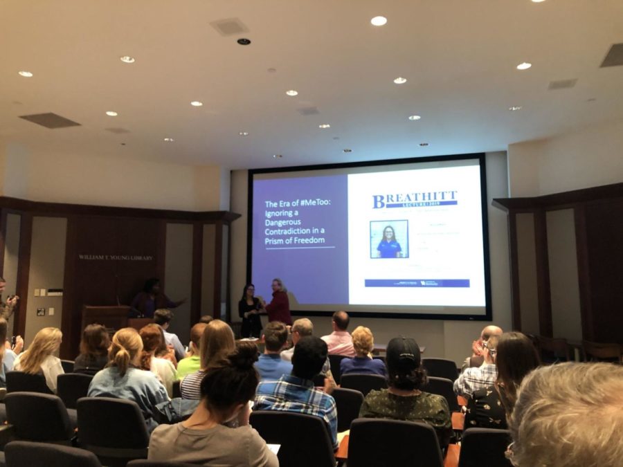 Tiana Thé, a philosophy, political science and environmental studies senior delivers the 2019 Breathitt Lecture in the William T. Young Auditorium on April 4, 2019, in Lexington, Ky. Photo by Grant Wheeler