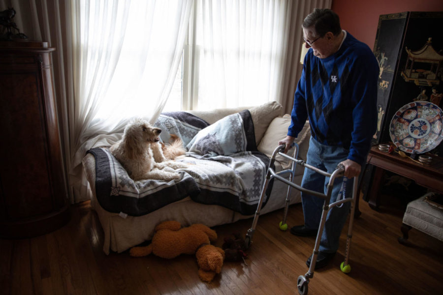 Joe B. Hall looks at his dog Penny, a golden doodle, in the living room of his home in Lexington, Kentucky on Sunday, Feb. 17, 2019. Penny’s full name is Luckypenny, which is “ironic,” Hall said, because Coach Adolph Rupp was always looking for a lucky penny. Penny is almost two years old, and she’s been Hall’s “partner” since she was five months old. Penny likes to watch National Geographic and jump at the television screen when something excites her. Photo by Michael Clubb | Staff