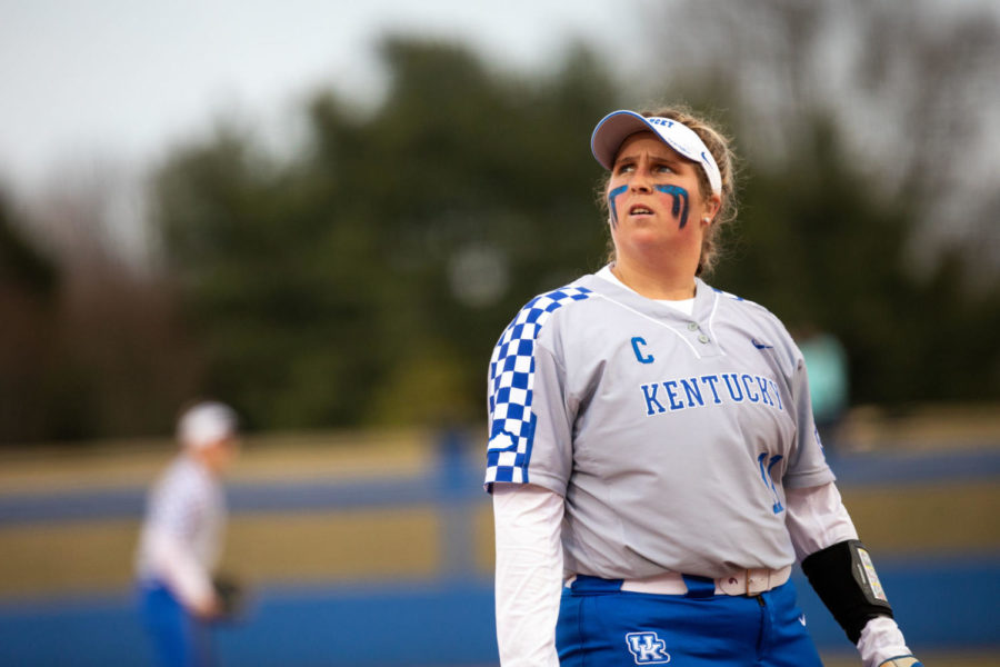 Kentucky senior Abbey Cheek looks up into the stands during the game against Miami University (OH) on Tuesday, March 12, 2019, at John Cropp Stadium in Lexington, Kentucky. Kentucky won 9-1. Photo by Jordan Prather | Staff
