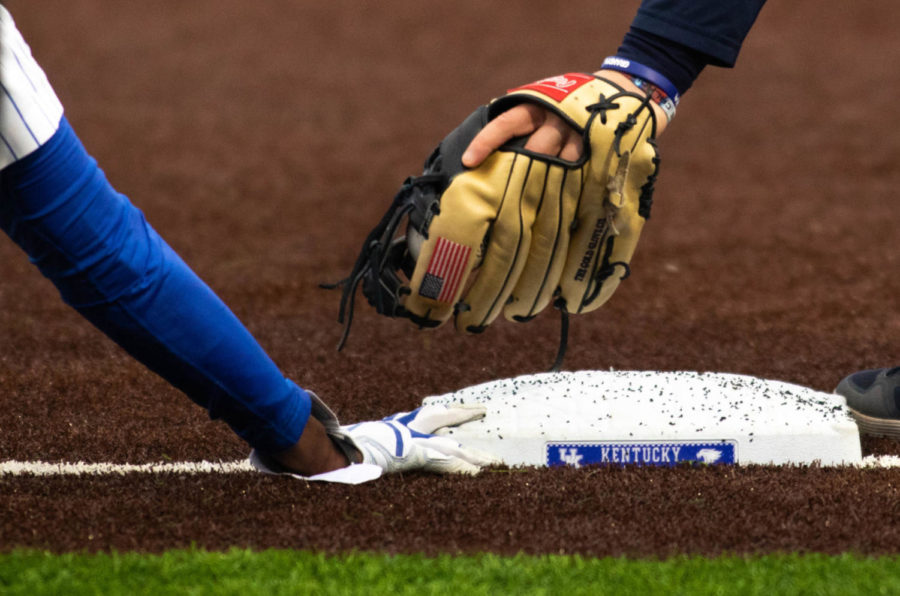 Kentucky redshirt junior Zeke Lewis is tagged after stealing third base during the game against Canisius College on Friday, Mar. 1, 2019 in Kentucky Proud Park in Lexington, Ky. Photo by Rick Childress | Staff