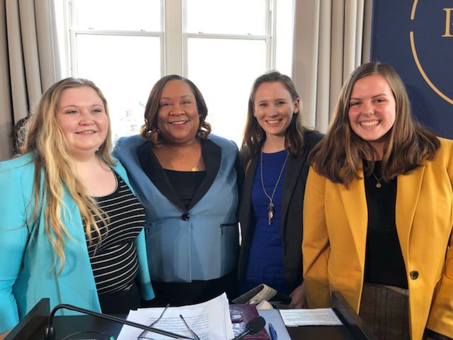 From left to right: McKenna Horsely, Kernel managing editor; Dana Canedy, administrator of the Pulizer Prizes; Sarah Ladd, Kernel opinions editor; Bailey Vandiver, Kernel Editor-in-Chief, all stand together at the 2019 Pulitzer Prize presentation at Columbia University in New York, New York, on April 14, 2019. Photo provided by Sarah Ladd.