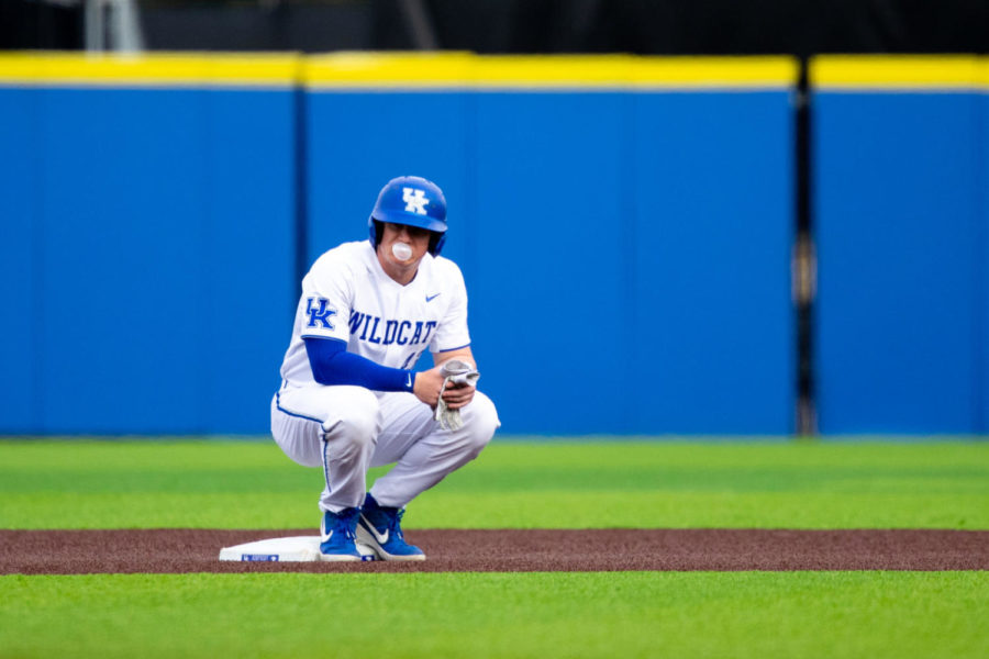 Kentucky junior Breydon Daniel blows a bubble with his gum as he waits on second base during the game against SIUE on Tuesday, March 12, 2019, at Kentucky Proud Park in Lexington, Kentucky. Kentucky won 6-4. Photo by Jordan Prather | Staff