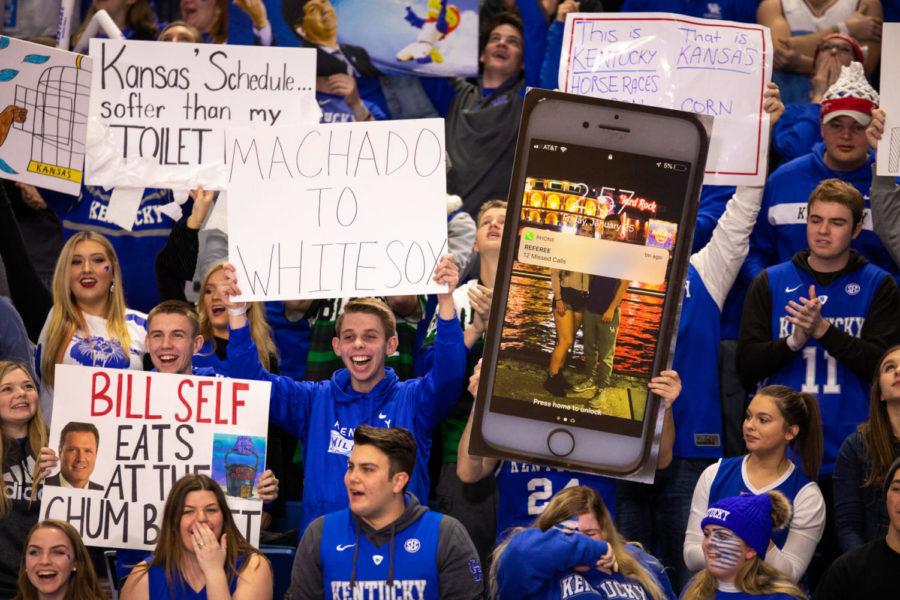 Fans attending ESPN College GameDay hold signs on Saturday, Jan. 26, 2019, at Rupp Arena in Lexington, Kentucky. Kentucky basketball will take on the Kansas Jayhawks at 6:00 PM. Photo by Jordan Prather | Staff