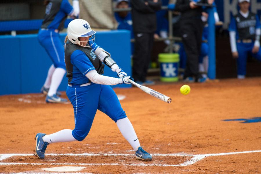 University of Kentucky junior Abbey Cheek hits a pitch during the home opener against the University of Dayton on Thursday, March 1, 2018 in Lexington, Ky. Photo by Jordan Prather | Staff