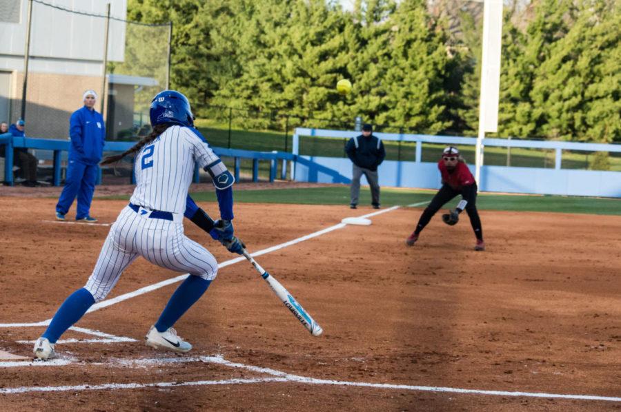 Sophomore Outfielder Bailey Vick hits a pop up towards left field for a double on Wednesday, April 4, 2018 in Lexington, Ky. Ky won 8-0. Photo by Edward Justice | Staff