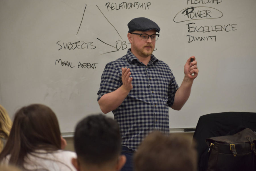 Andrew Van't Land, a graduate assistant in philosophy, teaches his Philosophy 130: Morality & Society class on Wednesday, April 3, 2019 in Lexington, Kentucky. 