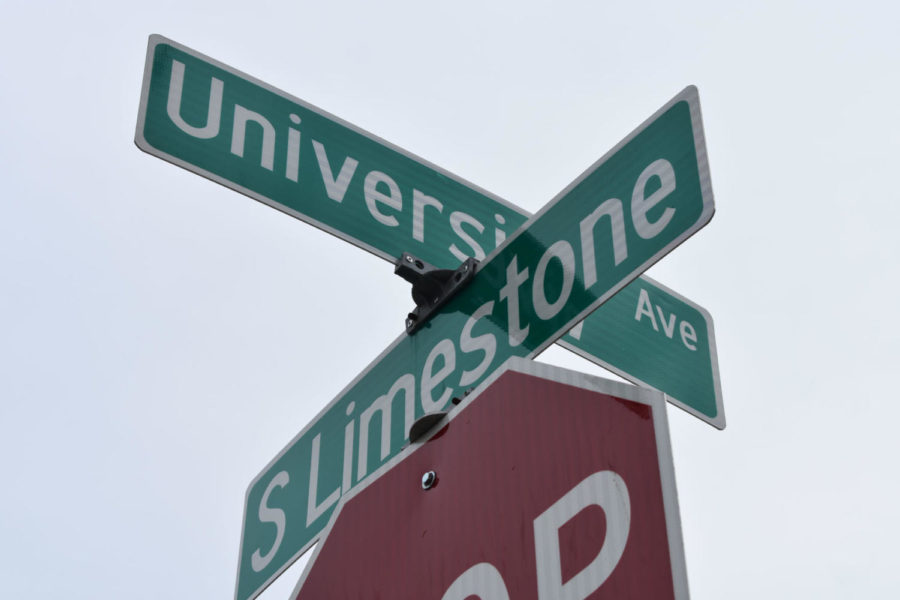 Street signs on the corner of University Avenue and South Limestone on Friday, April 12, 2019 in Lexington, Kentucky. Photo by Natalie Parks | Staff