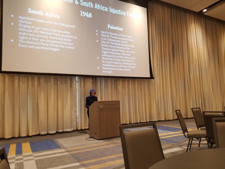 UK senior and Rhodes Scholar, Hadeel Abdallah, speaks in the Bill Gatton Student Center on April 10, 2019. Photo by Nicholas Hall 