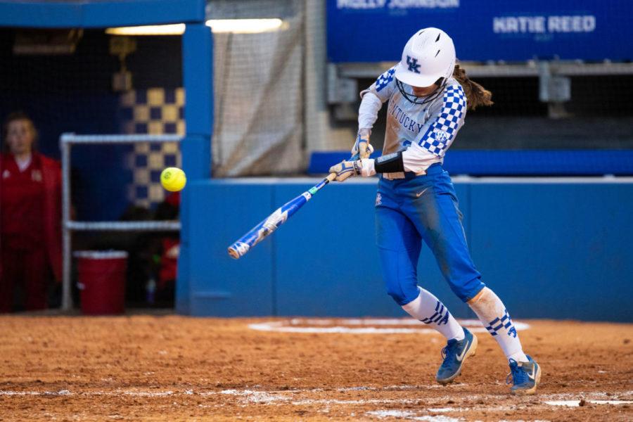 Kentucky junior Bailey Vick hits the ball during the game against Miami University (OH) on Tuesday, March 12, 2019, at John Cropp Stadium in Lexington, Kentucky. Kentucky won 9-1. Photo by Jordan Prather | Staff