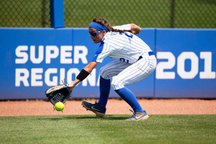 Kentucky senior Bailey Vick catches a ball bouncing off the ground during the game against Toledo in the NCAA tournament Regionals on Friday, May 17, 2019, at John Cropp Stadium in Lexington, Kentucky. Photo by Jordan Prather | Staff