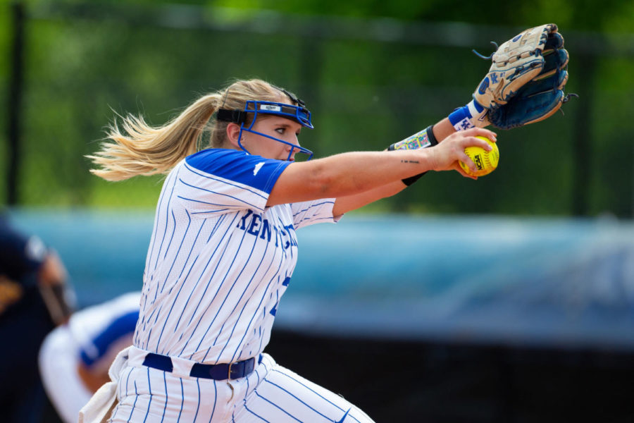 Kentucky junior Autumn Humes pitches during the game against Toledo in the NCAA tournament Regionals on Friday, May 17, 2019, at John Cropp Stadium in Lexington, Kentucky. Photo by Jordan Prather | Staff