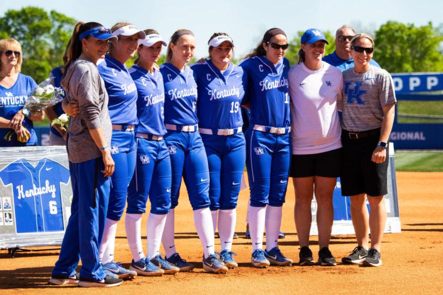 Kentucky softball seniors recognized before the first game of a double header against Auburn on Sunday, April 21, 2019, at John Cropp Stadium in Lexington, Kentucky. Kentucky won 7-0. Photo by Bradley Koster | Staff