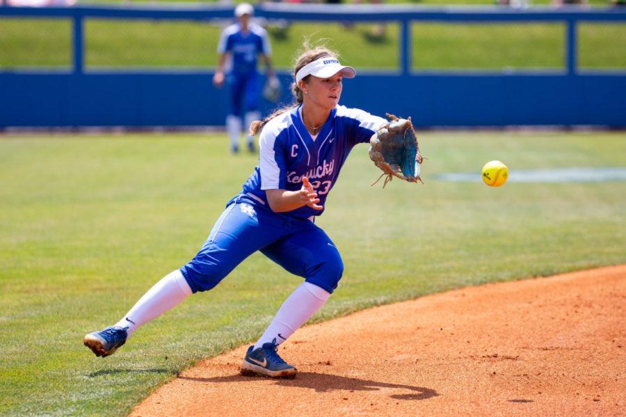 Kentucky senior Katie Reed catches a ball during the game against Virginia Tech in the NCAA tournament Regionals on Saturday, May 18, 2019, at John Cropp Stadium in Lexington, Kentucky. Photo by Jordan Prather | Staff