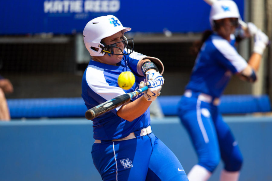 Kentucky senior Abbey Cheek gets a hit during the game against Virginia Tech in the NCAA tournament Regionals on Saturday, May 18, 2019, at John Cropp Stadium in Lexington, Kentucky. Photo by Jordan Prather | Staff