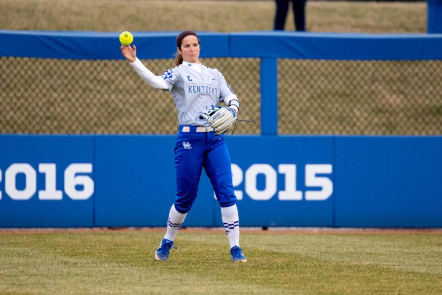 Kentucky senior Sarah Rainwater throws from the outfield during the game against Miami University (OH) on Tuesday, March 12, 2019, at John Cropp Stadium in Lexington, Kentucky. Kentucky won 9-1. Photo by Jordan Prather | Staff