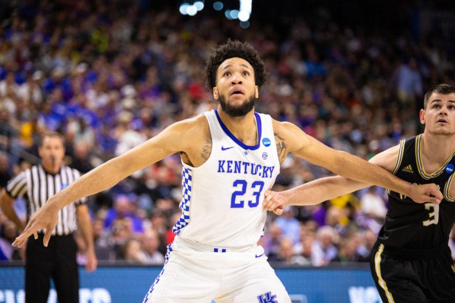 Kentucky+freshman+forward+EJ+Montgomery+boxes+out+under+the+goal+during+the+game+against+Wofford+in+the+second+round+of+the+NCAA+tournament+on+Saturday%2C+March+23%2C+2019%2C+at+VyStar+Veterans+Memorial+Arena+in+Jacksonville%2C+Florida.+Photo+by+Jordan+Prather+%7C+Staff